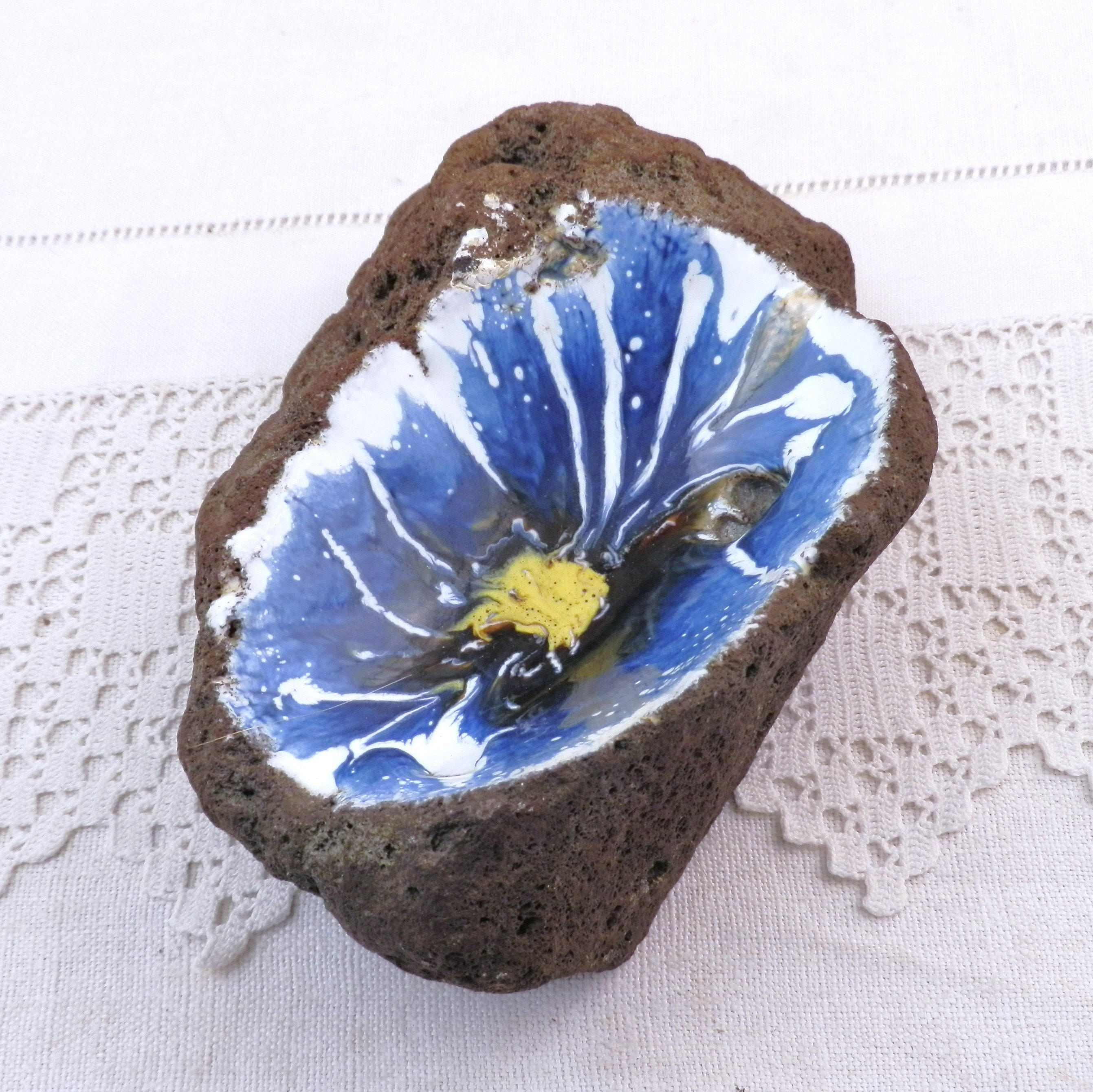 Vintage Glazed Volcanic Lava Trinket Bowl, Retro Colorful Enameled Rock