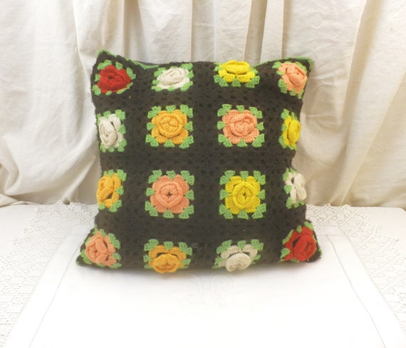 Square Vintage Mid Century 1960s French Black Crocheted Decorative Pillow with Colorful Flowers, Retro 60s Boho Crochet Scatter Cushion