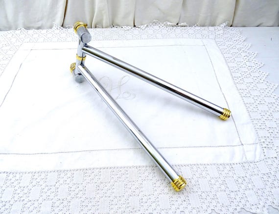 Vintage French Wall Mounted Chrome Plated Swivel Towel Rack with 2 Rods, Retro 1980s Bathroom Silver and Gold Tone Towel Hanger from France