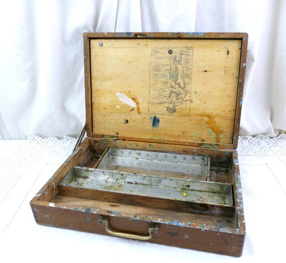 Antique French Wooden Artist's Paint Box with Brass Fixtures, Vintage Splattered Oil Painted Painting Painters Box Made of Wood from France