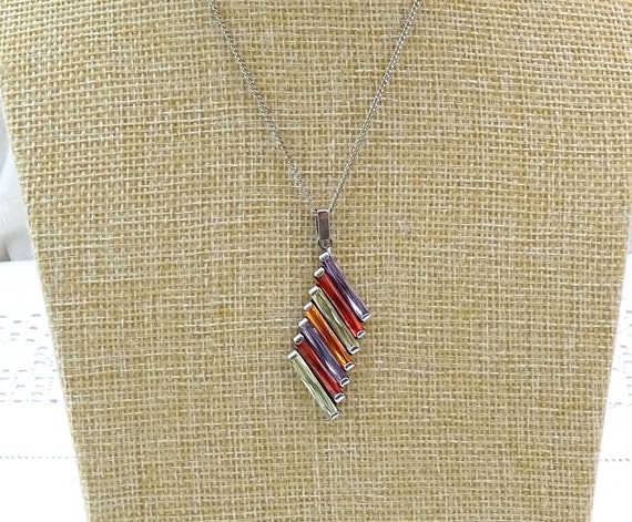 Vintage Sterling Silver Mounted Rectangular Rainbow Colored Cut Faceted Crystal Pendant Necklace, Retro Unique Jewelry Gift For Girlfriend