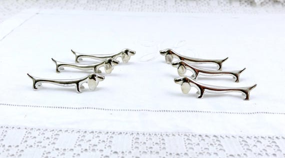 French Vintage Set of 6 Dachshund Dog Silver Plated Knife Rests, Retro Metal Tableware from France, Sausage Dog Home Decor, Paris Brocante