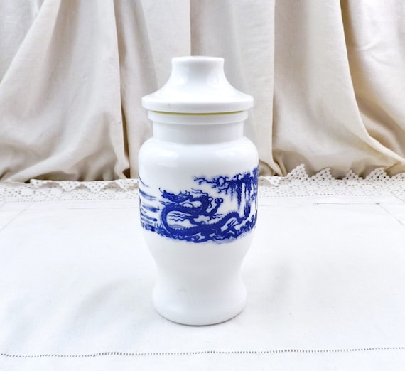 Vintage 1960s / 1970s White Milk Glass Apothecary Style Jar with Japonism Blue Dragon Pattern Made in Belgium, Retro Oriental Bathroom