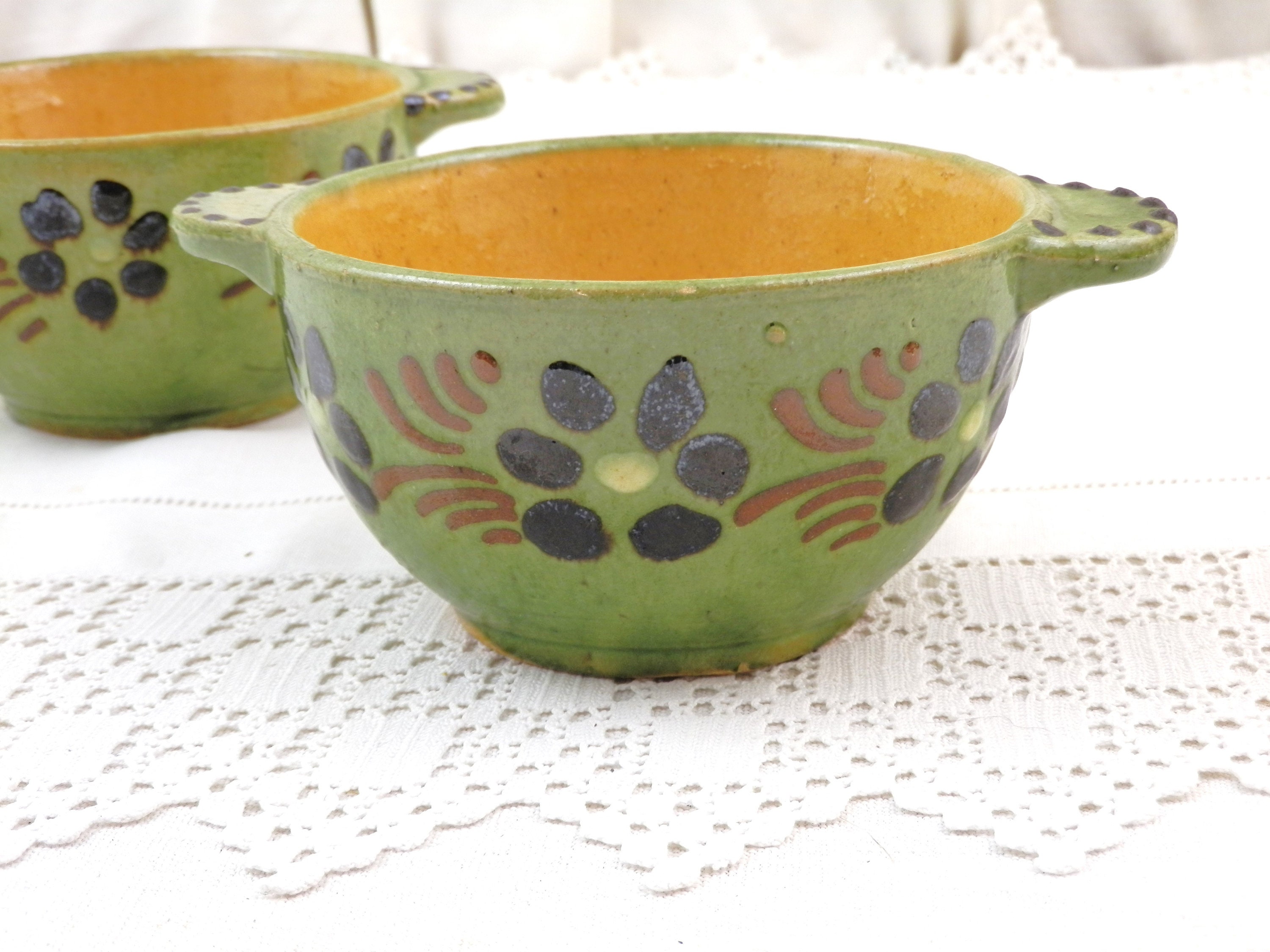 2 French Vintage Coffee Bowls with Ears and Slip Trailing Patterns