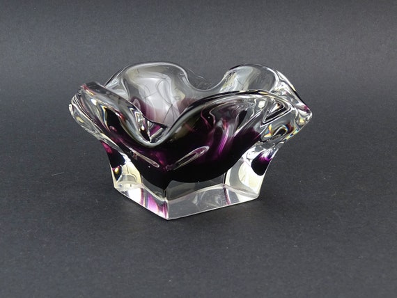 Vintage Mid Century Crystal Glass Encased Ashtray in Clear and Purple  by Bayel, Retro 1960s Cigar Big Chunky Glassware Ashtray from France