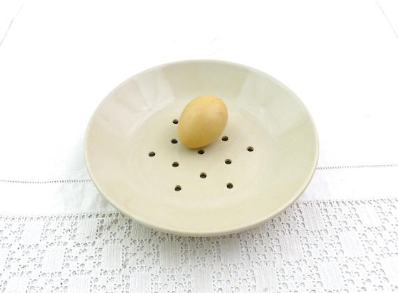 Vintage French Off White Pottery Cheese Strainer Plate, Vintage Country Farmhouse Fruit Colander, Berry Bowl, Cottage Kitchen Decor France