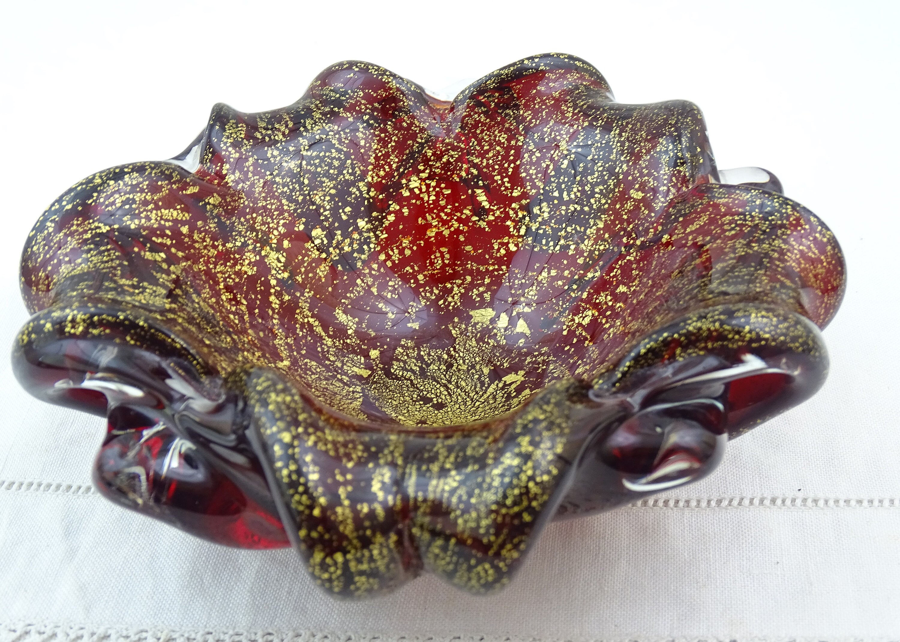 Murano Red and Silver Flecks Art Glass Flower Bowl or Ashtray