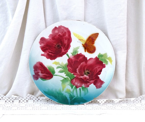 Large Round Antique 19th C French Wall Plate with Red Poppy and Butterfly Pattern Pavot by St Amand, Vintage Ceramic Charger from France