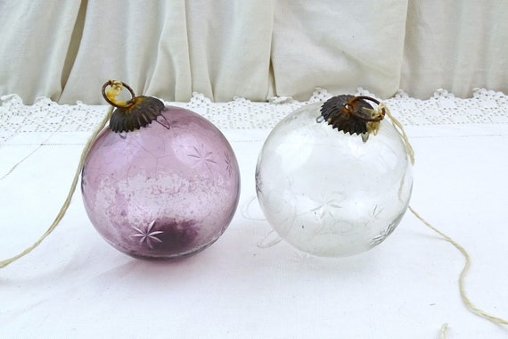 2 Large Vintage Cut Clear and Purple Glass Christmas Tree Decoration Bauble , Xmas Hanging Ball, Big European Sessional Decorating