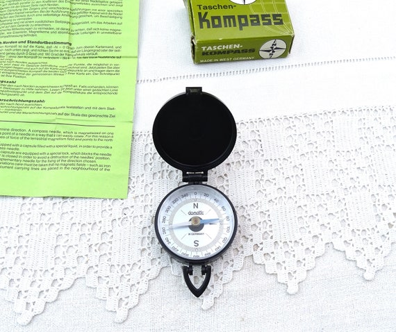 Vintage Boxed Pocket Compass made in Western Germany, Retro Hiking Equipment from Europe, West German Trekking Gear, Old style Camping