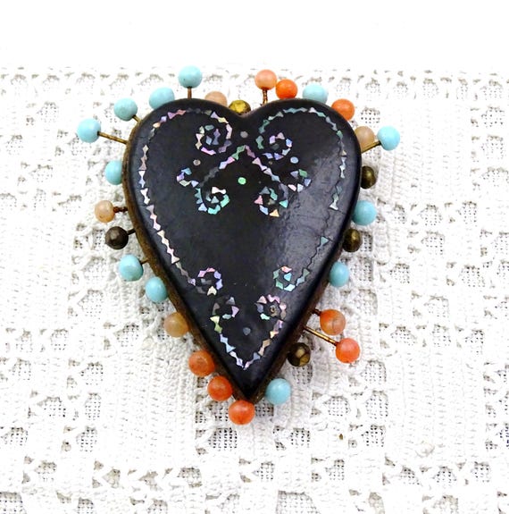 Antique French Napoleon III Ebonized Heart Shaped Pin Cushion with Mother of Pearl Decoration, Vintage 19th C Sewing Collectible Acccessory