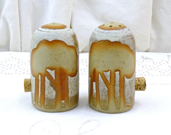 Large Vintage 1970s Masham Studio Pottery Howard Charles Salt and Pepper Shaker Set in Slip Glazed Stoneware Tree Pattern, Table England