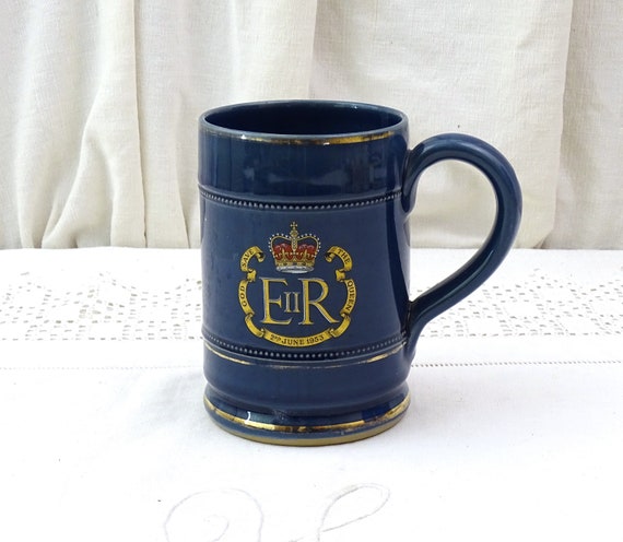 Vintage English 1953 Denby Stoneware Pottery Coronation Mug / Tankard Queen Elisabeth II of United Kingdom, Retro British Royalty Collection