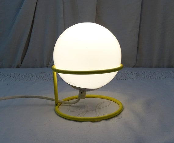 Vintage French 1980s Opaline Globe Table Lamp with Bright Metal Base, Retro Memphis Group Style Minimalist Milk Glass Ball Light from France
