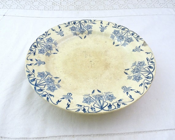 Antique French Ironstone Ceramic Comport Dish Porcelaine Opaque de Gien Terre de Fer Flower Pattern, Pedestal Cake Stand / Fruit Bowl