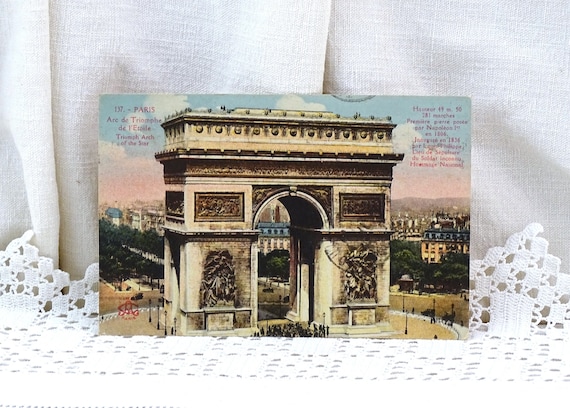 Antique French Colored Black and White Postcard of the Triumph Arch of the Star in Paris on the Champs-Élysées, Retro Vacation Souvenir