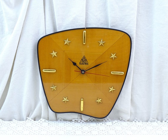 Vintage French Working Mid Century Laminated Wood Wall Clock with Gold Stars, Retro 1960s Battery Operated Time Piece from France