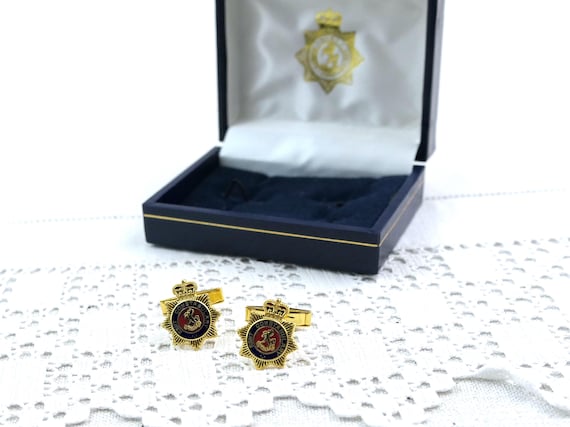 Vintage Set of Gold Tone Enameled Cufflinks in Custom Blue Box for Kent Constabulary, Retro Police History Costume Accessory England