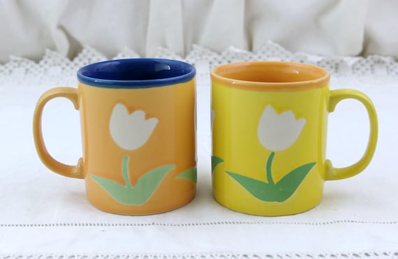 1980s Vintage Set of 2 Just Mugs Made in England with Orange and Yellow Tulip Flower Pattern, Retro English Ceramic Tea Cups