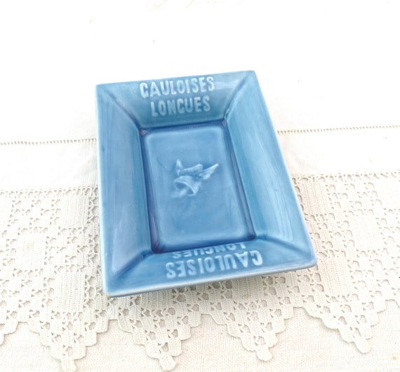 Vintage French 1960s Rectangular Gauloise Longues Pottery Ashtray in Pale Blue, Retro Smoking Accessory from France, Upcycled Ring Dish