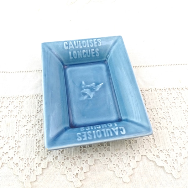 Vintage French 1960s Rectangular Gauloise Longues Pottery Ashtray in Pale Blue, Retro Smoking Accessory from France, Upcycled Ring Dish