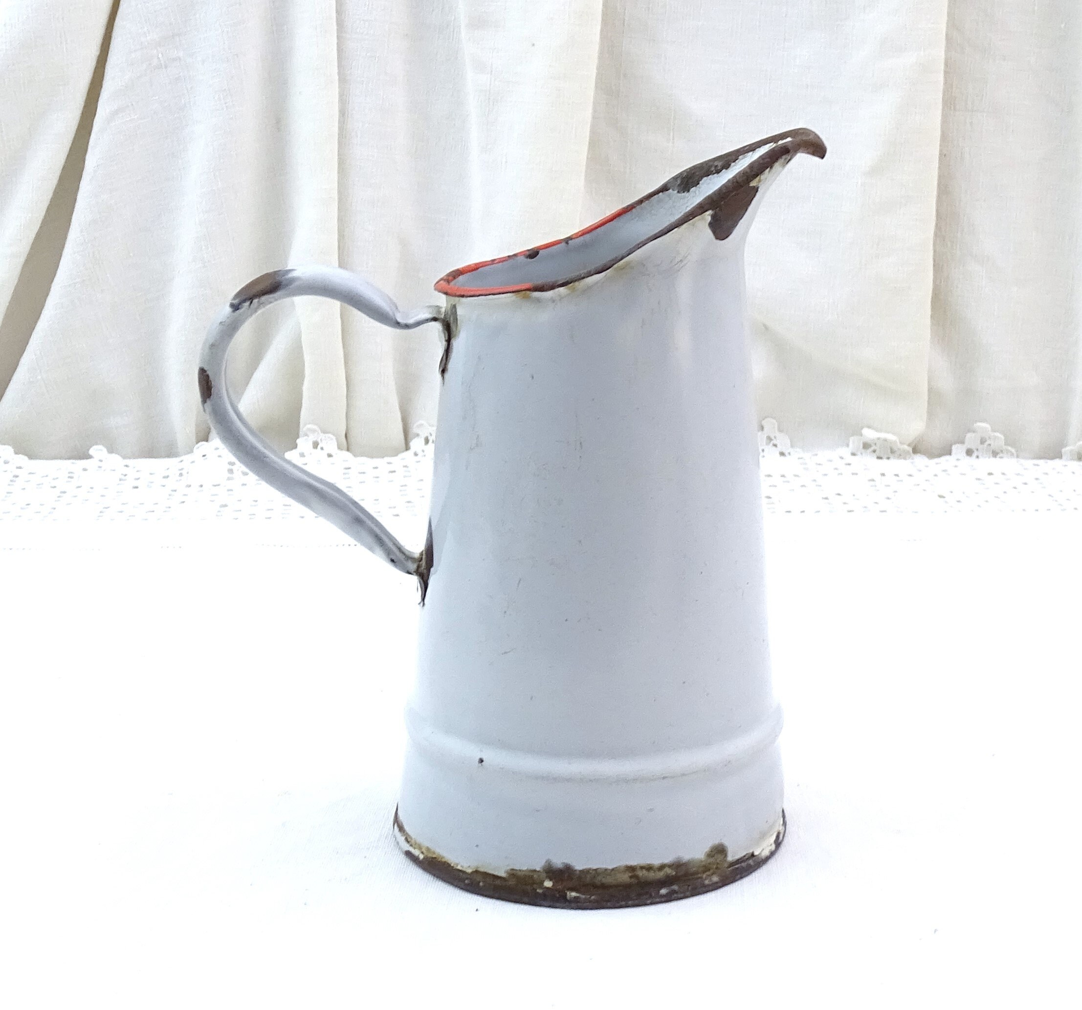 Large Antique White & Blue Enamel Pitcher French Metal Jug 