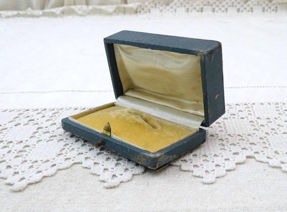 Long Rectangular Vintage French Teal Blue Brooch Presentation Case, Retro Jewelry Storage Box from France with Beige Satin Velvet Interior