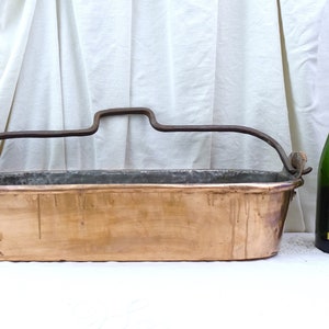 Antiguo francés hecho a mano cobre pescado cocina hervidor / sartén, vaporizador, cazador furtivo con mango de hierro forjado, decoración de cocina de castillo de campo francés