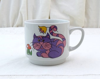 Vintage Wide China 1960s Monopoli Coffee Mug with Large Stylized Purple Cat, Retro 60s Tea Cup Hippy Style Design Bright Bold Colors