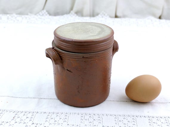 Vintage French Round Brown Salt Glaze Earthenware Lided Crock Pot, Pottery Storage Jar France, Country Brocante Farmhouse Cottagecore Decor
