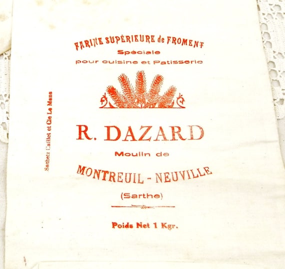 Antique Unused French White Cotton Fabric 1 kg Flour Sack with Red Lettering from Sarthe in Western France, Grain Sack, French Fabric Bag