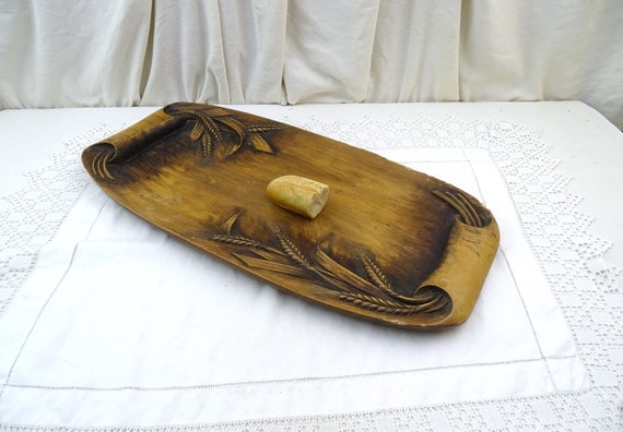 Large Vintage French Carved Wooden Bread Platter with Ears of Corn Signed, Retro Hand Made Artist Wooden Tray Country Theme, Cottagecore