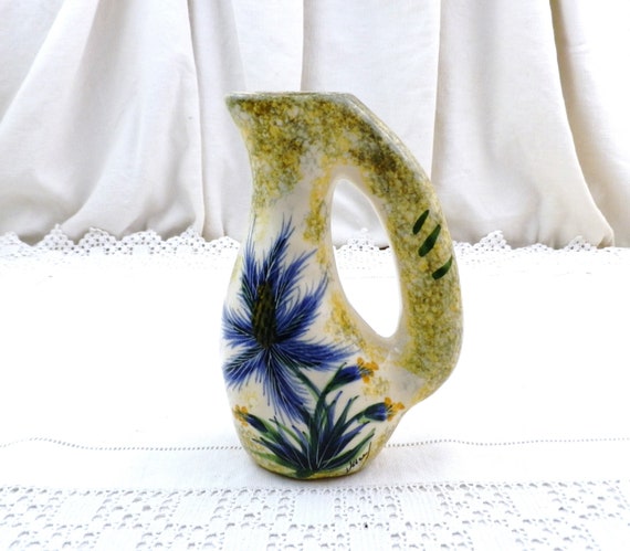 French Vintage Mid Century Hand Painted Pitcher Vase with Thistle Pattern by J Yell, Retro 1960s Collectible Vallauris Style Decorative Jug
