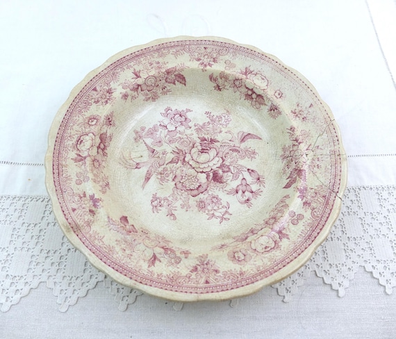 Large Antique French Ironware Style Serving Bowl with Burgony Red Pattern and Stapled Repair, Vintage Farmhouse Ironstone Pottery Crockery