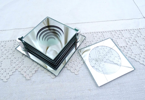 Vintage 1980s Glass Mirrored Square Set of Drinks Coasters with Optical Round Pattern when in Holder, Retro Curio Fun Barware Accessory