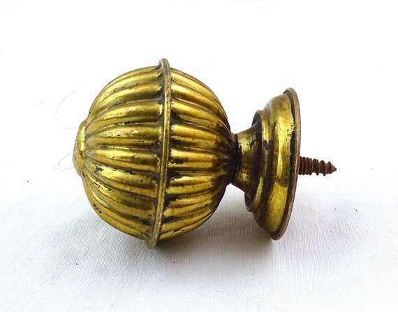 Antique French Round Pressed Gilded Brass Banister Finial with Threaded Shaft, Big Vintage Brass Bed Knob from France, Old Metal Golden Ball