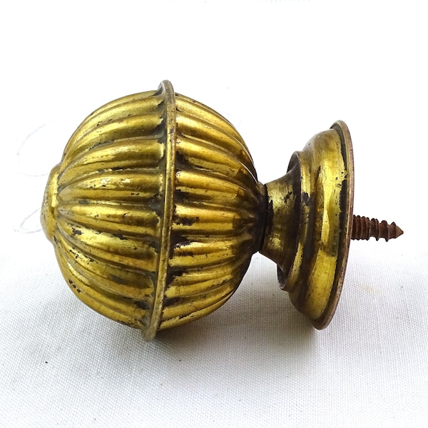 Antique French Round Pressed Gilded Brass Banister Finial with Threaded Shaft, Big Vintage Brass Bed Knob from France, Old Metal Golden Ball