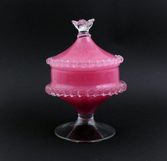 Vintage Mid Century Empoli Pink and Clear Opaline Glass Footed Candy Jar by Cristalleria Stelvia, 60s Studio Glassware Bonbonniere Italy