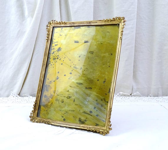 Antique French 19th Century Metal Free Standing Portrait Picture Frame Brass with Small Flower, Retro Empire Decor France, Vintage Wedding