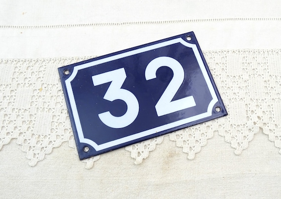 Vintage French Porcelain Enameled Metal House Sign in Blue and White Number 32, Enamelware Street Home from France, Traditional Address Sign