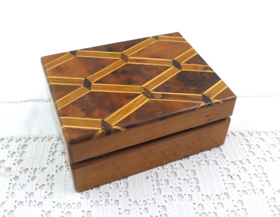 Small Vintage Marquetry Wooden Box with Geometric Mosaic Inlay on the Lid, Handmade Decorative Trinket Storage Keepsake Chest Made of Wood