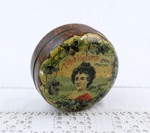 Antique French Victor Vaissier Violette Crème Vaseline Tin Art Nouveau Advertising Box Purple Violet Floral Woman Paris Toiletry Collectible