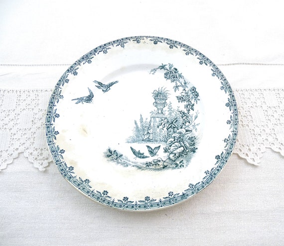 Antique French 19th Century Plate with Bird and Butterfly Pattern in Teal Blue, Decorative Victorian Plate from France, Brocante Decor