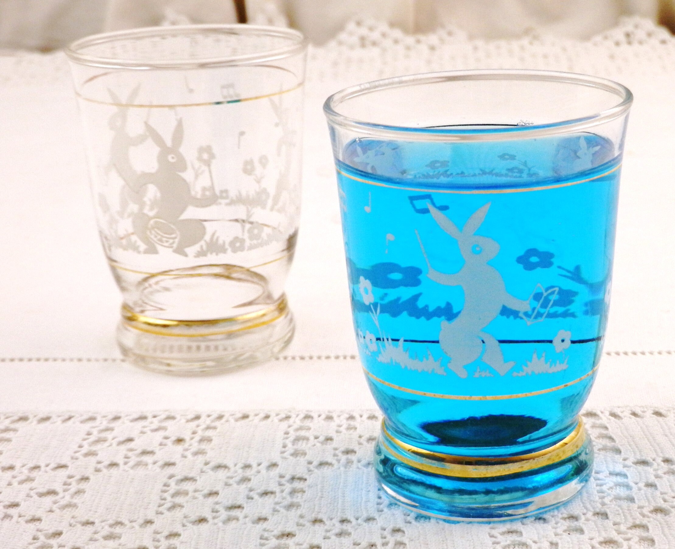 2 French Vintage Water Glasses with Printed Images of Bunny Rabbits