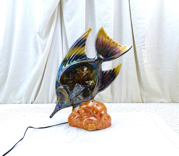 French Vintage Mid Century Vallauris Table Lamp Fish, Retro 1960s Monaco Encrusted Light, Kitsch Fun Novelty Zoomorphic Seaside Lighting