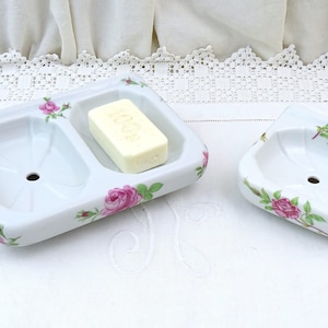 Set of 2 Vintage Unused Mid Century French White Porcelain China Limoges Wall Mounted Soap Holder with Pink Rose Pattern, 1960s Bathroom