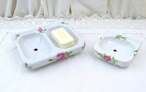 Set of 2 Vintage Unused Mid Century French White Porcelain China Limoges Wall Mounted Soap Holder with Pink Rose Pattern, 1960s Bathroom