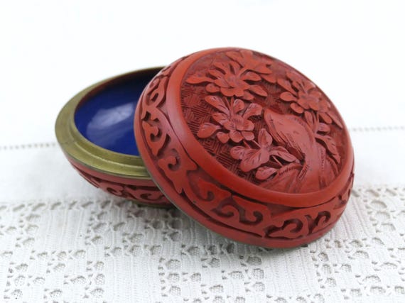 Vintage Round Chinese Cinnabar Lacquer Trinket Box, Hand Carved Floral Butterfly Design, Red Lidded Keepsake Box, Asian Decor Collectible