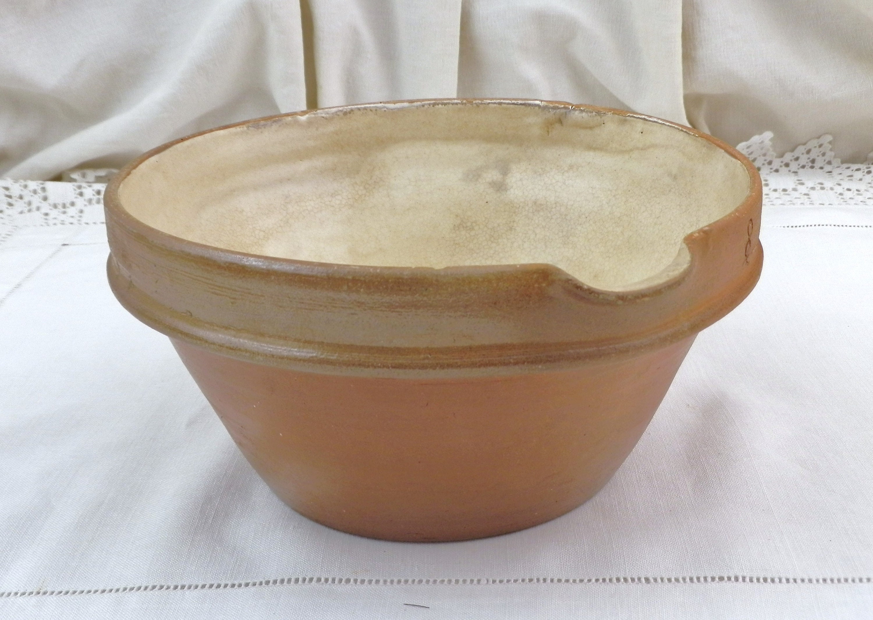 French Antique Pottery Mixing Bowl with Serving Spout, Vintage Ceramic