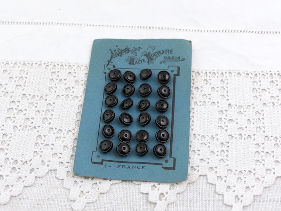 Antique French Card of 24 Unused Black Glass Buttons, Retro Dressmaking Accessory from France, Old Style Curio Dress Sewing Item